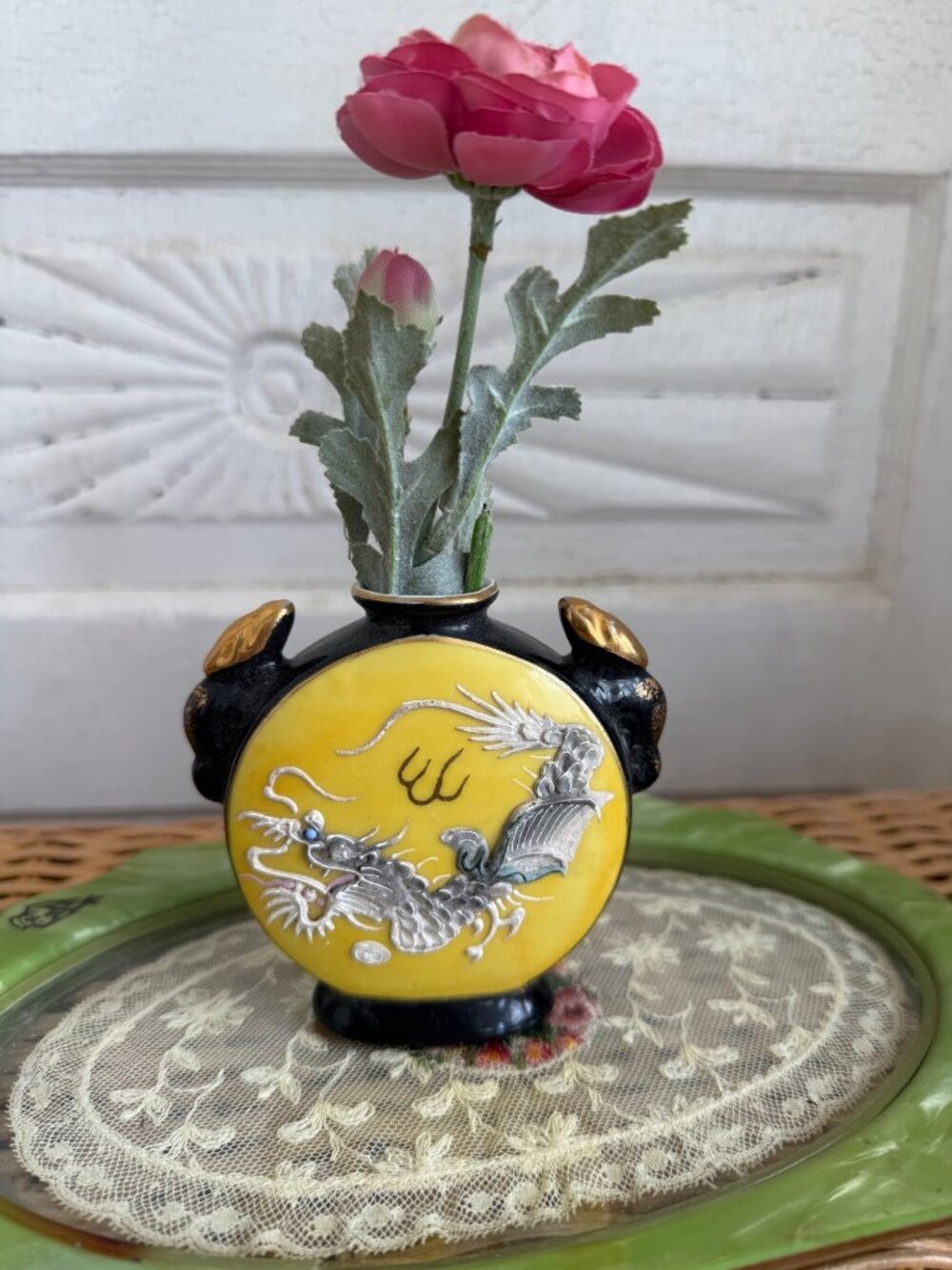 Vintage 40's Japanese Dragonware Yellow Black Small Bottle Vase